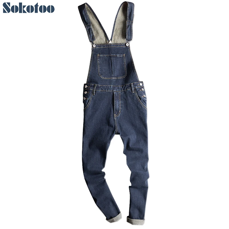 Hot Item Jeans Casual Jumpsuits Overalls Suspenders Cargo-Pants Sokotoo Pocket Slim-Fit Dark-Blue 32848696343