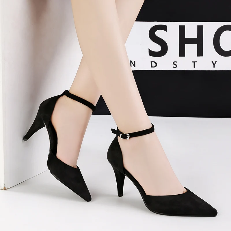 

Woman office Pumps flock buckle High Heels Shoes Pointed toe Slides hollow Stiletto Fashion Sandalias mujer Casual shallow Shoes