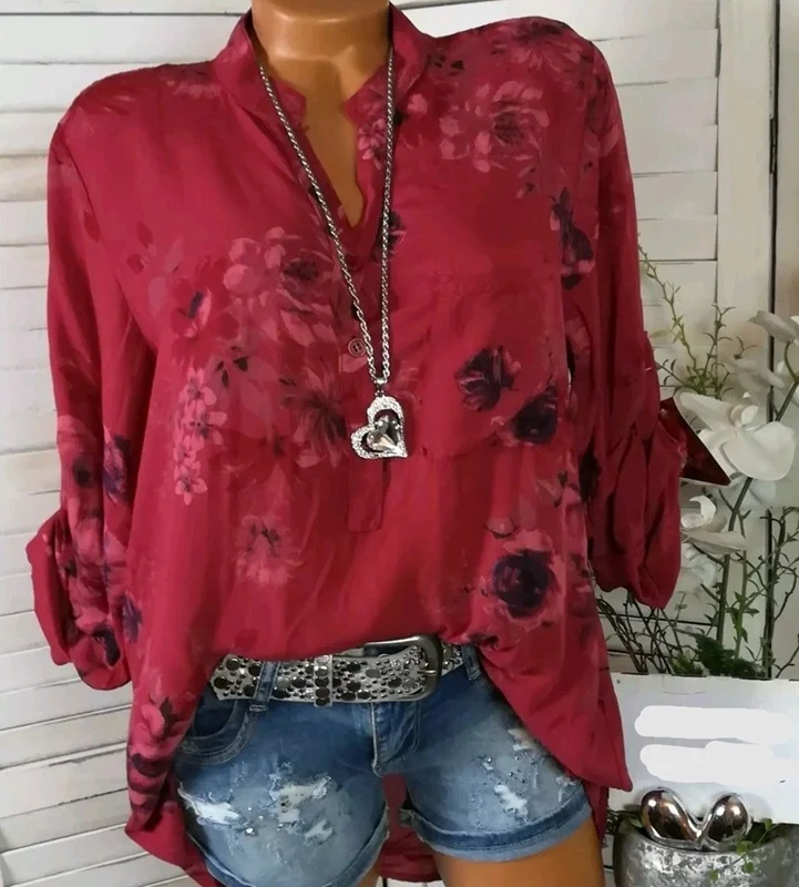 

Women Blouse Long Love Festivals Plus Size Classics Comfort Elegance Sleeve V-neck Shirts Floral Print Tops