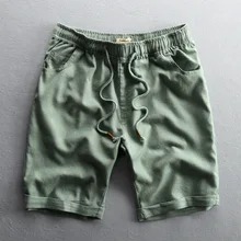 Летние мужские льняные Короткие штаны по колено мешковатые штаны Мягкие льняные брюки с эластичным поясом прямые джоггеры Повседневное мужские брюки