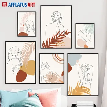 

Abstract Girl Line Drawing Plant Leaf Wall Art Canvas Painting Nordic Posters And Prints Wall Pictures For Living Room Decor