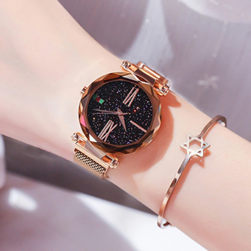 

Fashion Women Rose Gold Watches Magent Buckle Starry Sky Clock Luxury Minimalism Roman Numeral Elegant Ladies Quartz Wrist Watch