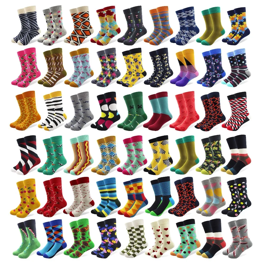 

100 Pairs/lot Wholesale Men Colorful Striped Cartoon Combed Cotton Socks High Quality Crew Wedding Casual Happy Funny Sock Crazy