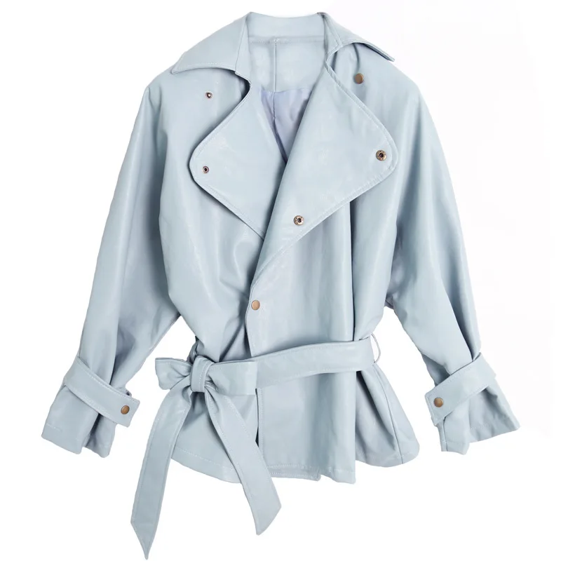 [EAM] 2019 New Spring Solid Color PU Leather Coat Slim Short Lace Up Shrink Waist Jacket Women Fashion Tide LA940