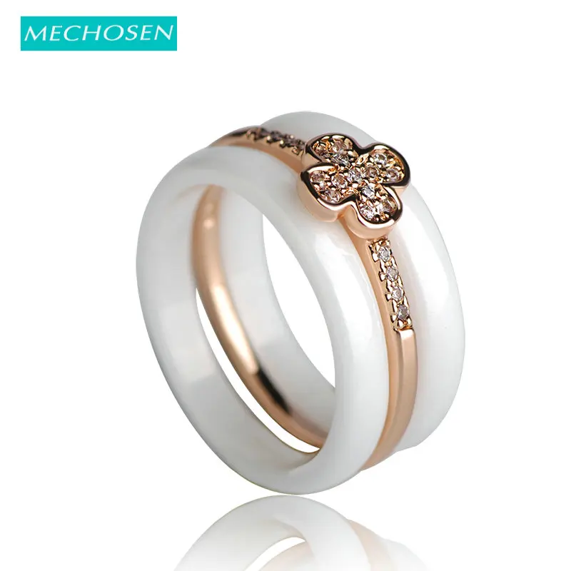 

MECHOSEN Ceramic Finger Rings CZ Zirconia Rhinestones Clover Anel Crystal Copper Keramisch Aros Women Men Anillos China Joyeria