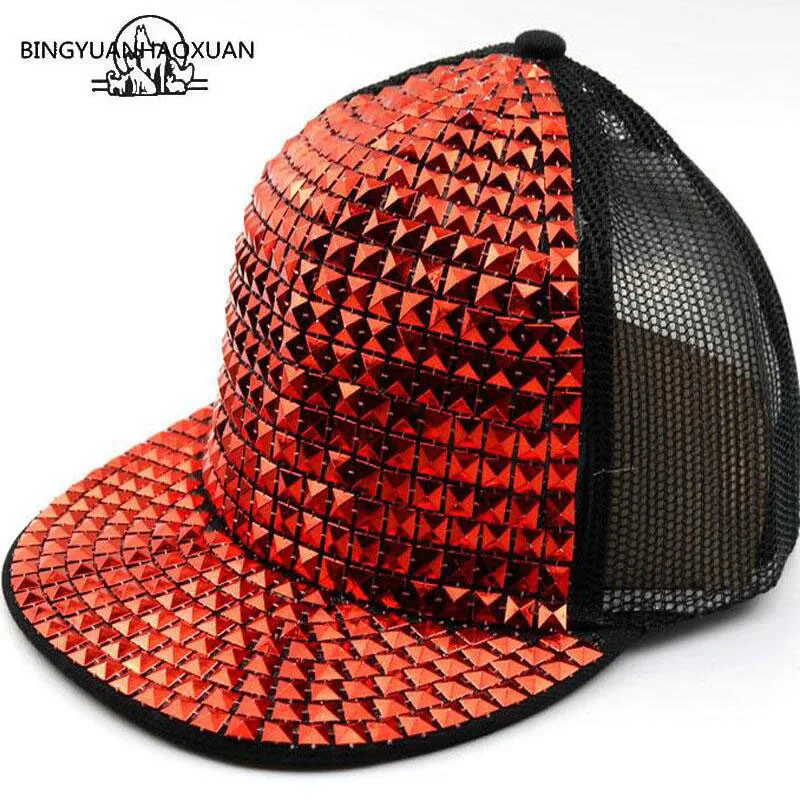 

2018 Summer Kids Baseball Caps glitter rivets Hip hop Cap Children snapback hats mesh Boys Girls Peaked cap