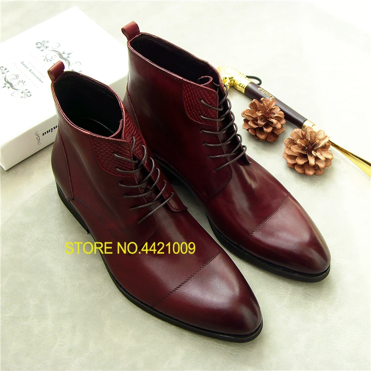

Spring Autumn Mens Real Leather Martin Boots Shoes 2018 Wine Black Low Heels Lace up Winter Dress Knight Boots Italy Oxfords