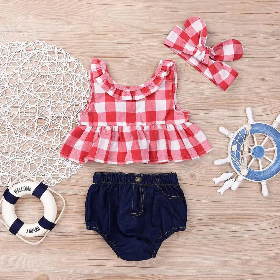 

Summer baby girl clothing set Plaid Skirted T-shirt Tops+Denim Short Headband baby girl clothes Newborn Outfits