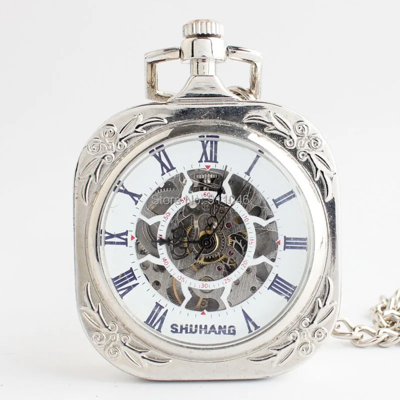 High Quality Retro Silver Mechanical Pocket Watch With Chain Luxury Men