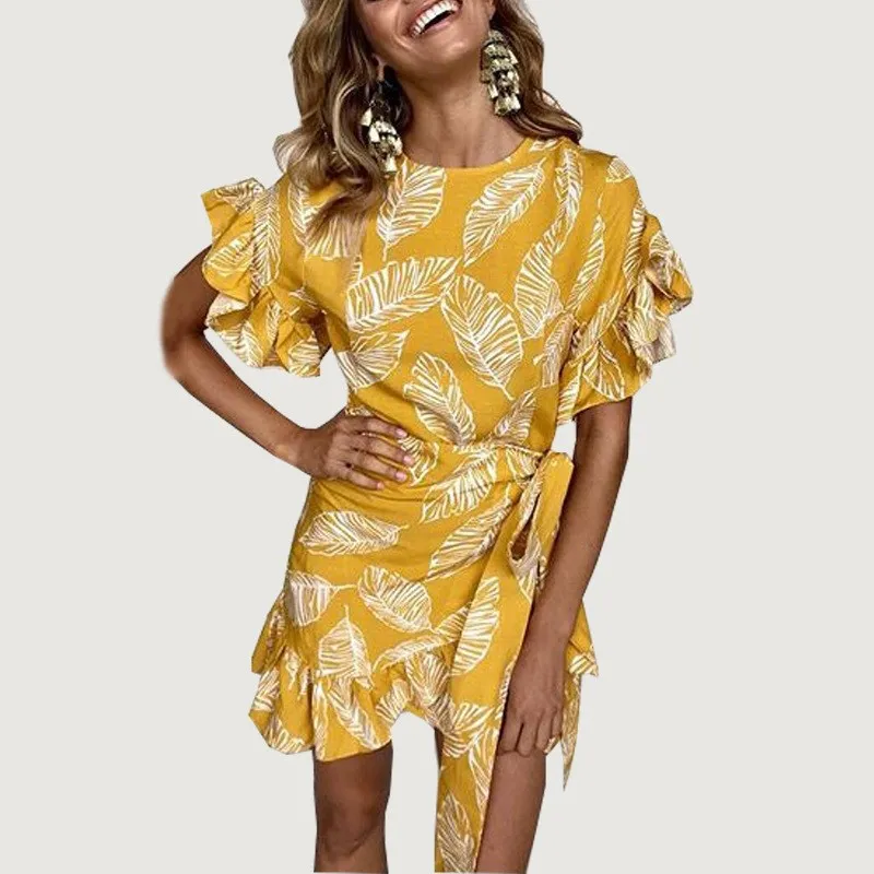 

2019 Print Big Ruffle Wrap Dress Women Spring Sashes Bow Party Elegant Dress Short Beach Dresses Vestidos