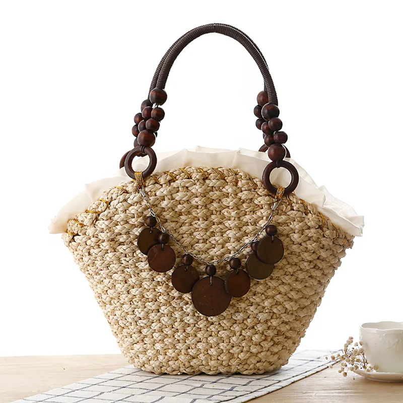 

Veevan 2016 Japanese Style Straw Weave Bag with Beading Lady Women Summer Beach Bag Lace Tote High-capacity Shopping Bag
