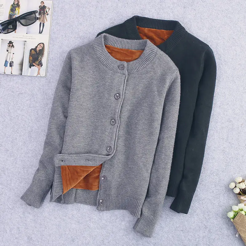 

Autumn Winter Knitted Sweater Cardigan Women Coat Plus Velvet Warm Thicken Sweater Coat Long Sleeve Slim Knitted Cardigan Q985
