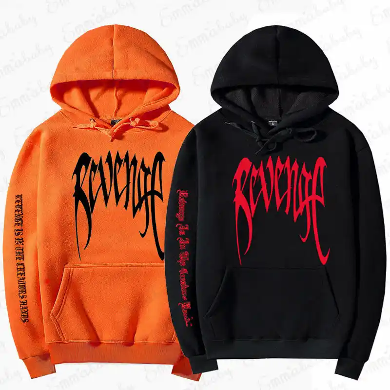 black hoodie with orange writing