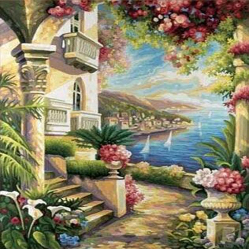 

2016 new Diamond embroidery crystal full round diamond unfinish decorative diy diamond painting cross stitch Sea View cottage