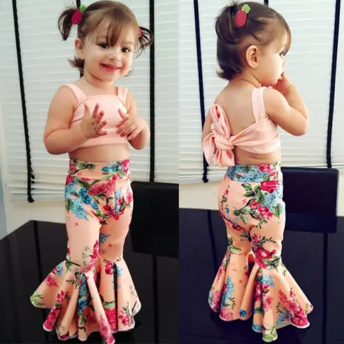 

Kids Baby Girl Floral Bra Tops Bell-bottoms Pants Outfit Clothes Set Summer