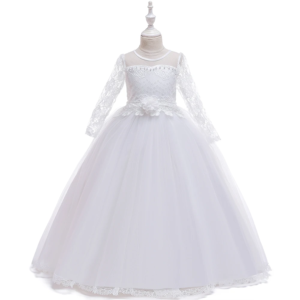 Элегантное Белое Кружевное Сетчатое платье-пачка с длинными рукавами и цветочным узором для девочек, вечерние платья подружки невесты с