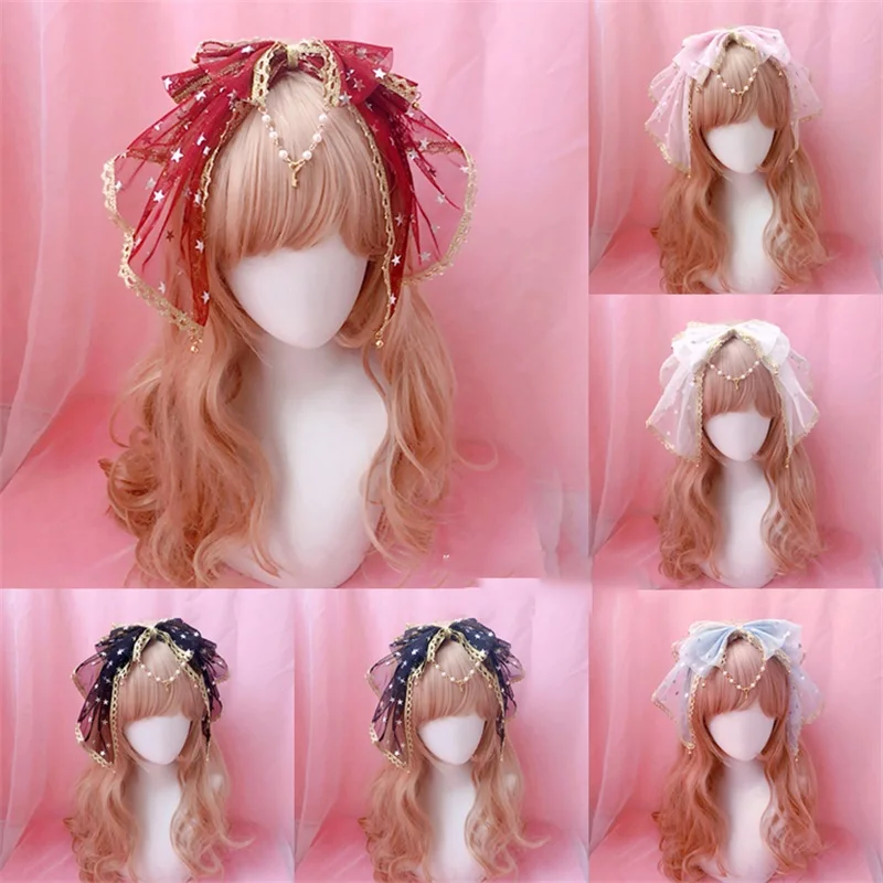 

Sweet Lolita Kawaii Bow Lace Trim Bell Pendant Headband Fairy Cosplay Headwear Hair clasp KC Hair Band Stars Hair Accessories