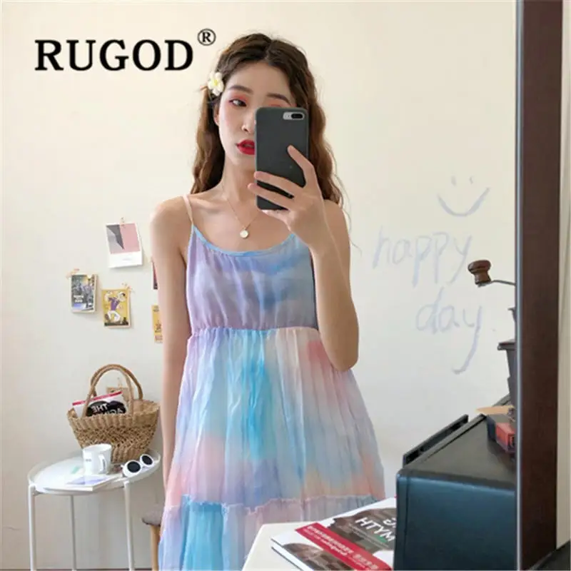 

RUGOD 2019 rainbow summer dress women Elegant spaghetti strap long dress female casual party dresses vestidos de verano 2019