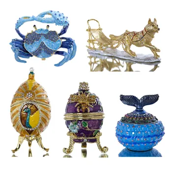 

H&D 5 Styles Trinket Box Hinged Metal Enameled Animal Figurines Collectible Easter Gift Jewelry Ring Holder Organizer Home Decor