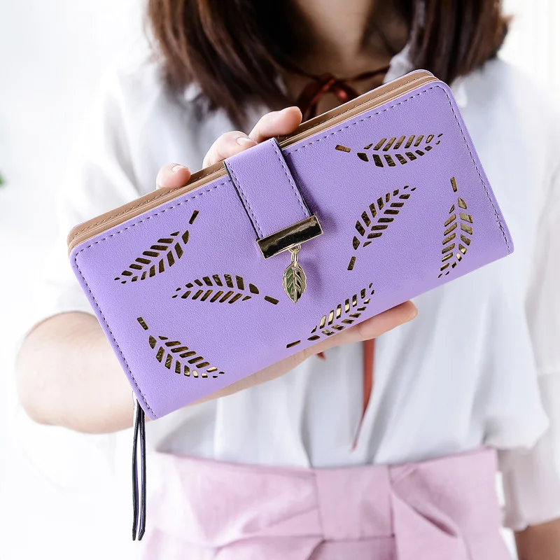 Женский кошелек, Женский Длинный кошелек, мягкий из искусственной кожи, полый чехол, сумочка для девушек, кошелек для монет, держатель для карт, Прямая поставка - Цвет: purple