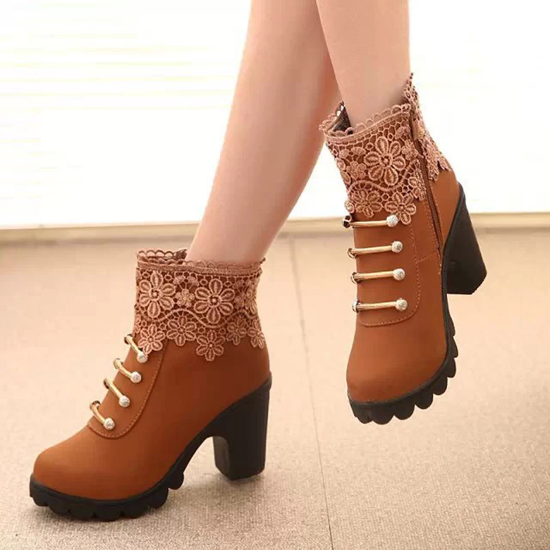 2017 Women Boots Fashion PU Leather Round Toe Ankle Boots Sexy Lace Ladies High Heels Platform