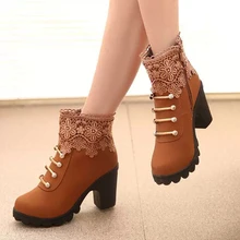 2017 Women Boots Fashion PU Leather Round Toe Ankle Boots Sexy Lace Ladies High Heels Platform