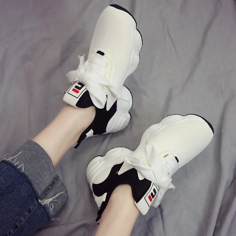 Smirnova/ Новое поступление, женские кроссовки с круглым носком, обувь на шнуровке, весенне-осенние кроссовки на плоской платформе, женская повседневная обувь черного цвета - Цвет: Белый