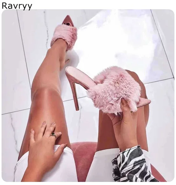 

INS fashion Pink Wool Fur Woman sandals peep toe high heels sexy pumps thin heel Slides Colorful female party dress show shoes