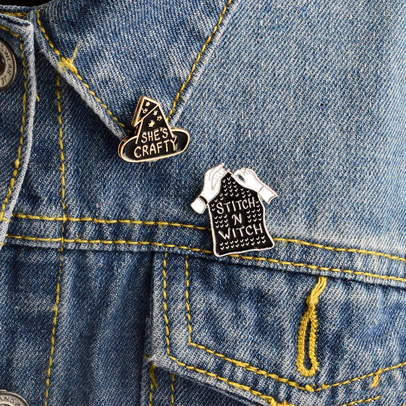 

Cartoon Series cowboy black Witch Hat and Sititch Sweater Enamel Brooch She's Crafty/Stitch and Witch Lapel pin Girl Badge