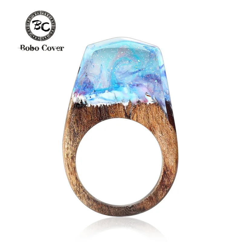 Hot Resin Magic Wooden Rings For Women Dream snow mountain strange scenery Ring Natural Landscape Wood Rectangle Jewelry Gifts