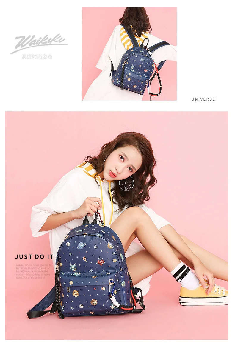 Girls Star Sky Space Planet Printing PU Backpack Women Big Shoulder BackPacks Dark Blue Faux Leather School bag for Teenagers (3)
