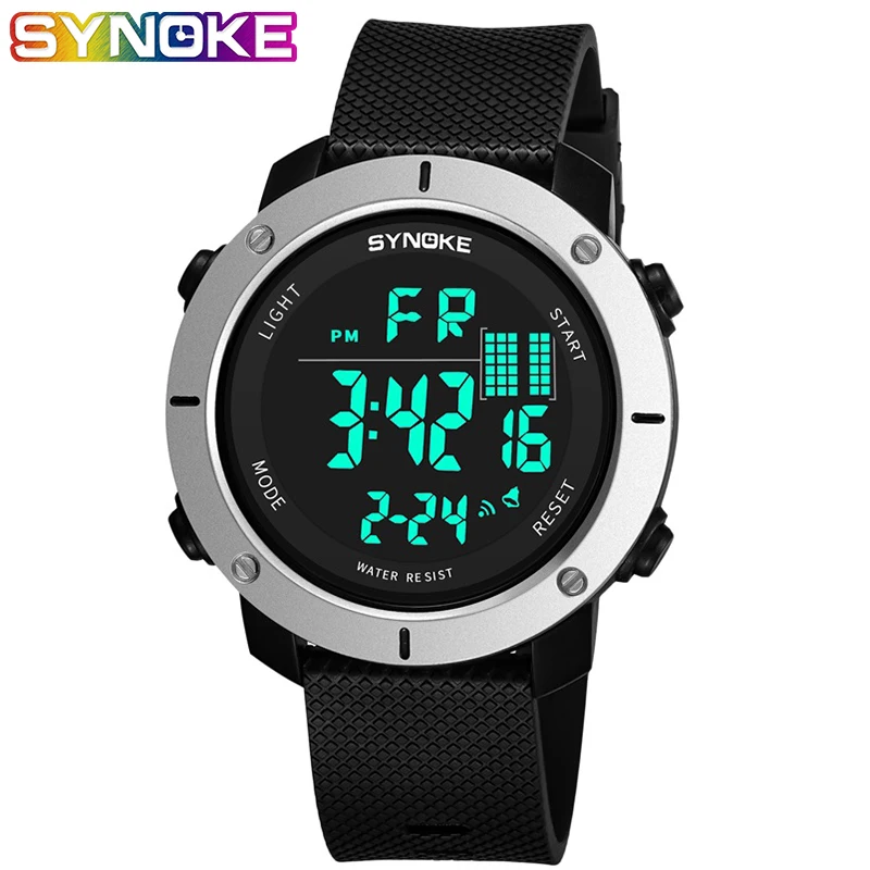 SYNOKE Sports Watch Men Digital Watches Waterproof Fashion Electronic Wristwatches Date Rubber Clock Black Military Watch