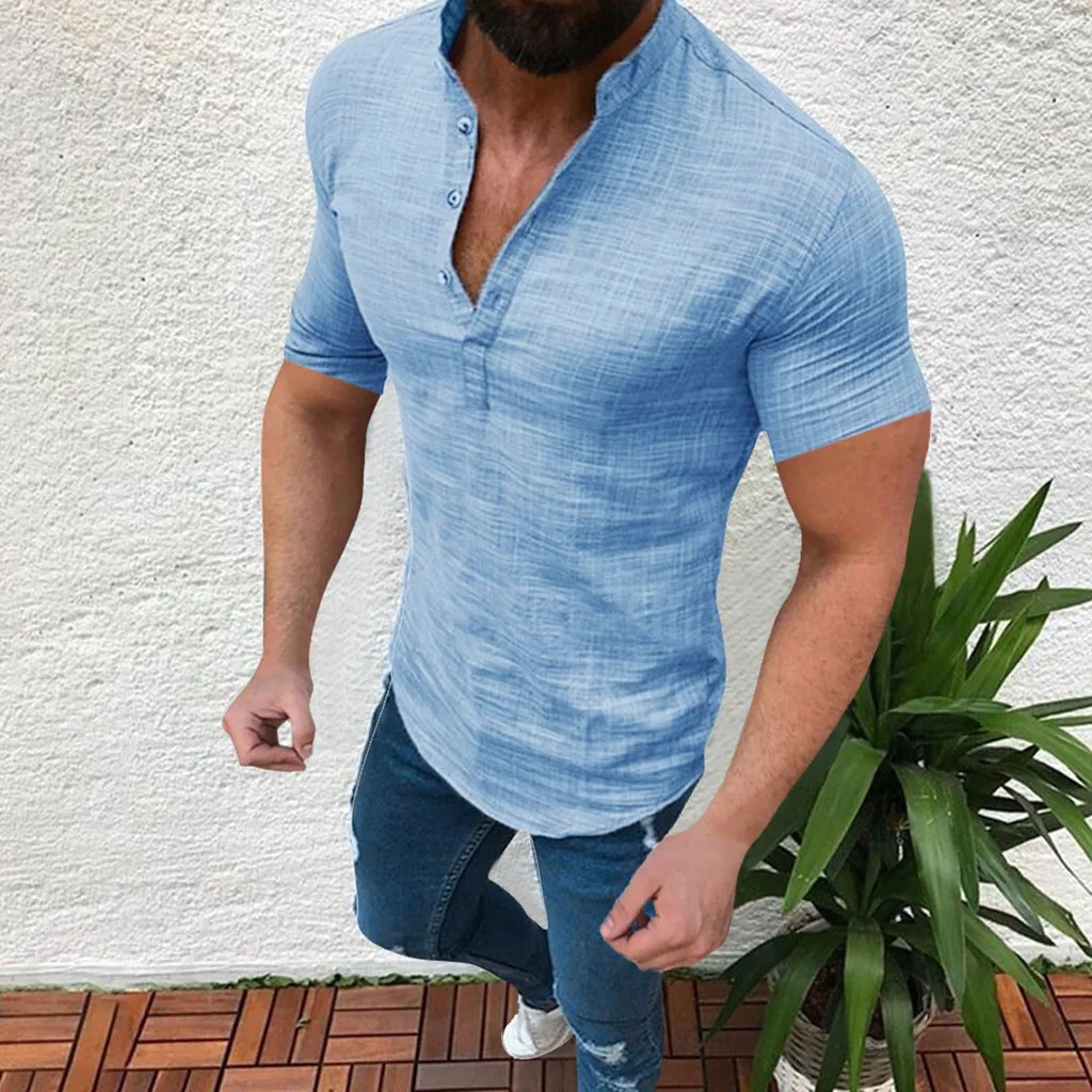

WOMAIL Soft Comfortable Solid Color Short Sleeve Button Design Cotton Material Loose Hot Sale Men Blouse 19MAY17