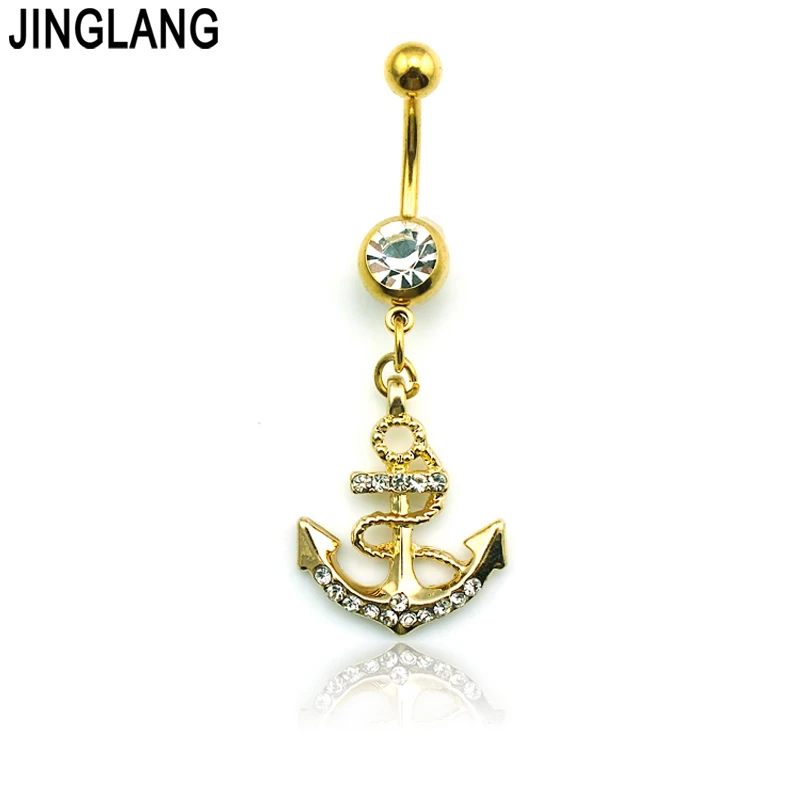 

JINGLANG New Belly Button Rings Stainless Steel Barbell Dangle White Rhinestone Gold Color Anchors Navel Body Piercing Jewelry