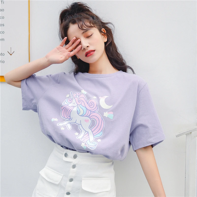 

harajuku kawaii clothes summer 2019 korean fashion spring t shirt sweet printed cartoon unicorn moon stars pink t-shirt women