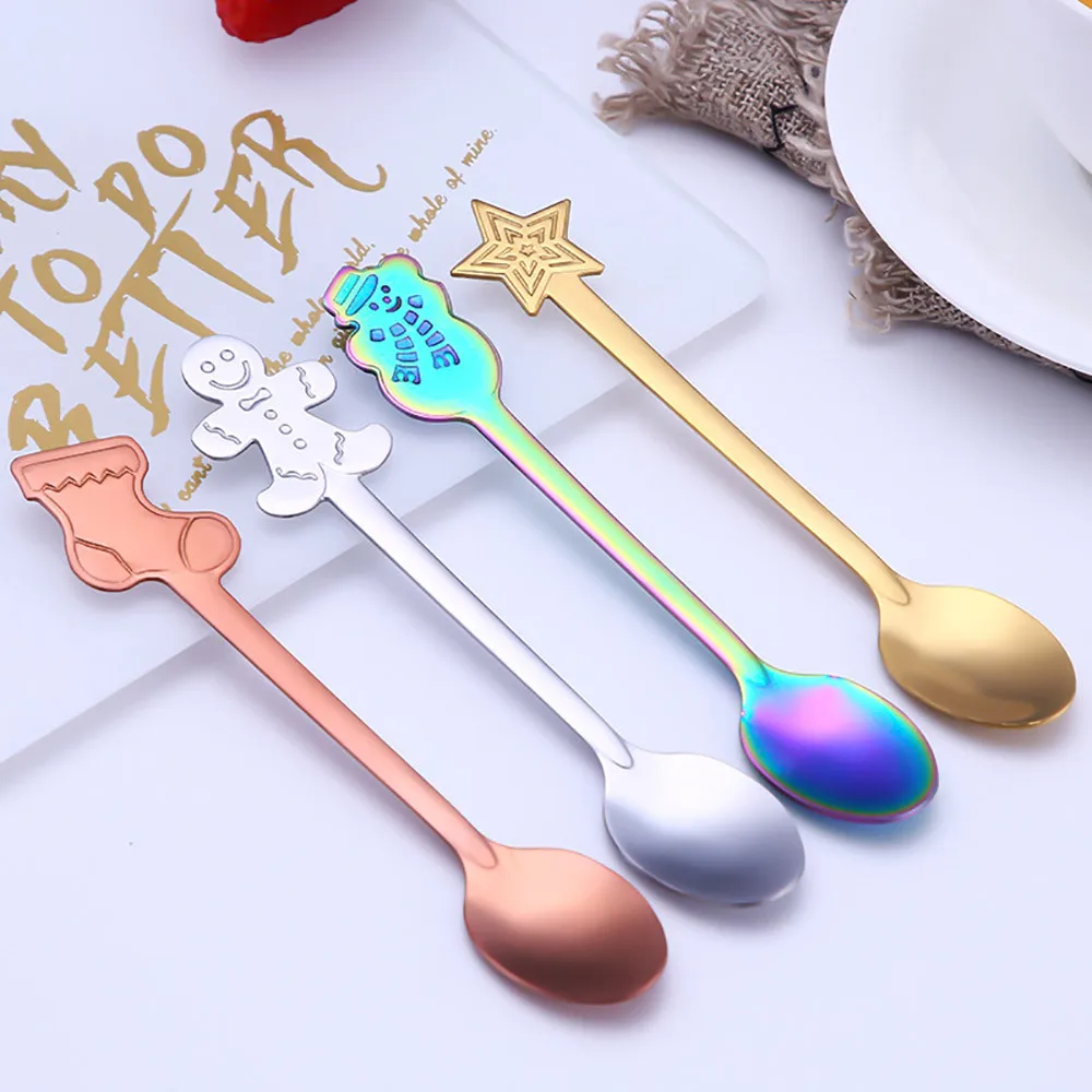 

Small Mini 4PCS Christmas Colorful Spoon Handle Spoons Flatware Ice Cream Drinking Tools Dessert Spoon Long Handle Tableware