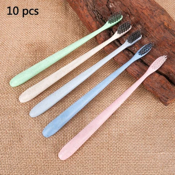 

10pcs Portable Travel Toothbrush Soft Bamboo Charcoal Wheat Stalk Handle Oral Care Nano-antibacterial Toothbrush Random Color