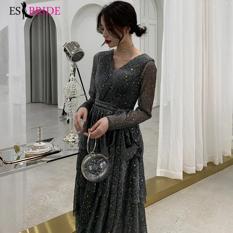 Deep Grey Evening Dresses Long Sleeve Elegant Evening Dress Arabic Special Occasion Dress Party Student Formal Dresses ES2562 Deep Grey Evening Dresses Long Sleeve Elegant Evening Dress Arabic Special Occasion Dress Party Student Formal Dresses ES2562