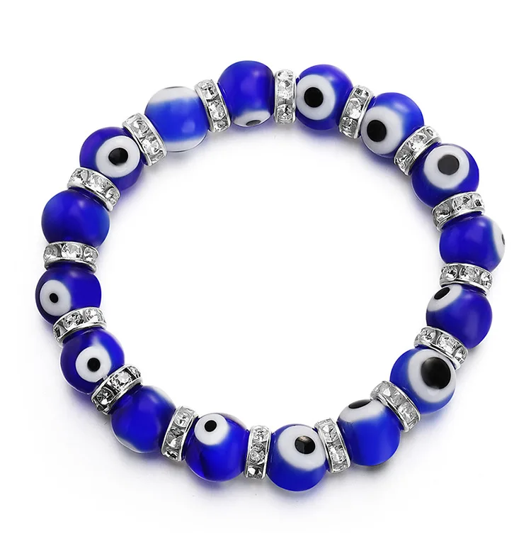 Vintage Blue Fatima Hamsa Evil Eye Stone Strand Bracelet Bangle For