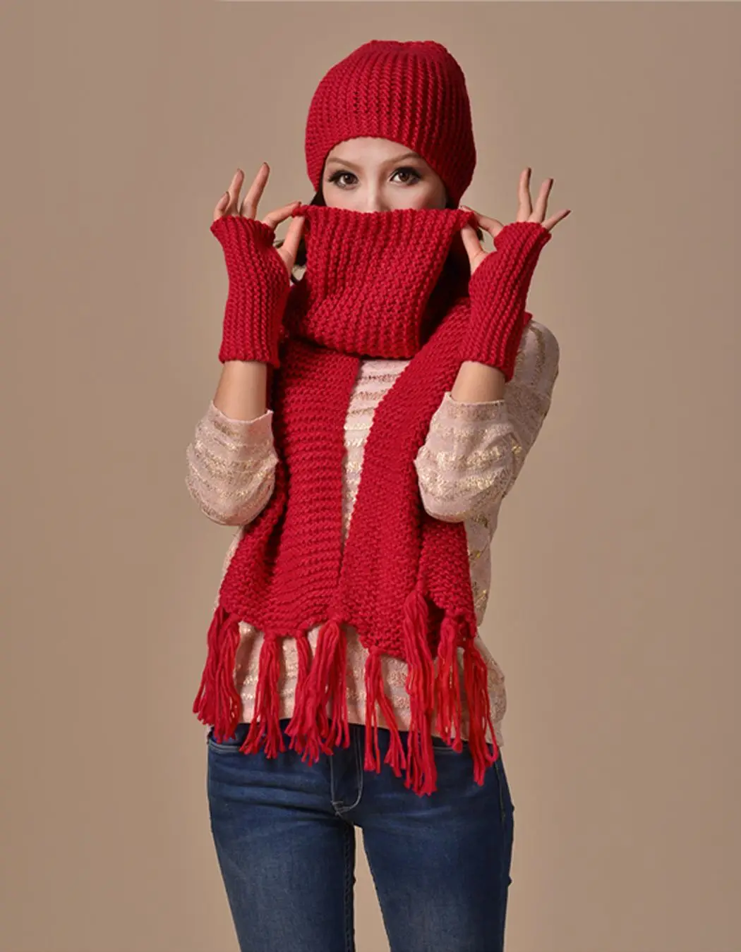 4 Colors Stylish New Women Pure Color Soft Warm Long Scarf + Fingerless