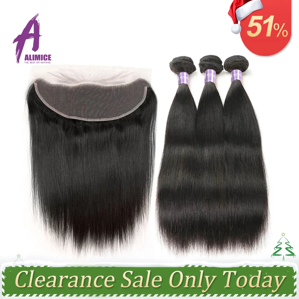 Alimice Indian Straight Hair Bundles With Frontal 13X4 Lace frontal With Bundles NonRemy Indian Hair Weave Human Hair Extensions