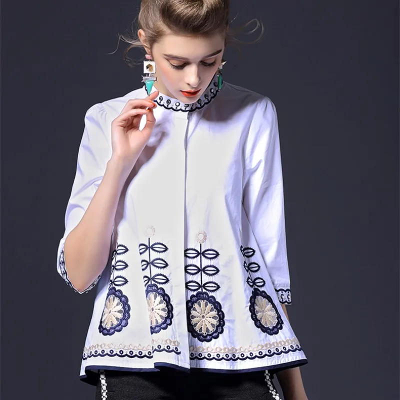 

New Spring Fashion Cotton Blouse Tops Women Causal Ladies Tree Luxury Embroidery Stand Collar White Blouse XXL Blousa NS118