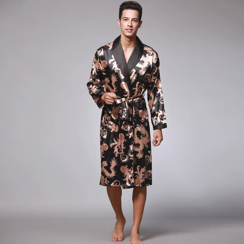 Plus Size Mens Satin Robe Dragon Luxurious Silk Spa Long Sleeve House Kimono Bathrobe Plus Size Mens Satin Robe Dragon Luxurious Silk Spa Long Sleeve House Kimono Bathrobe