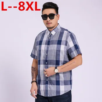 

Plus size 8XL 6XL 5XL Cotton Short Sleeve Shirts Button Down Collar Plaid Striped Slim Fit Men Casual Shirts Brand High Quality