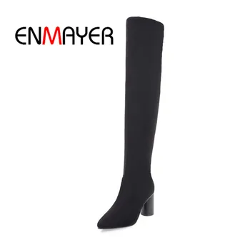 

ENMAYER Women Knee High Boots Big size34-46 Pointed toe Square heels lady High heel boots Causal Slip on Flock Shoes woman CR923