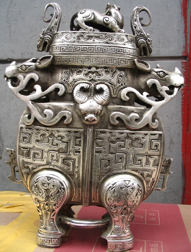 

ZS 999 Foo Dog Cover beast veins Zun 2 Ox head Pot Jar Vase Tibet Silver Statue