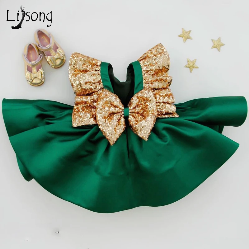 

Lovely Emerald Girl Dress Sequin A-line Flower Girl Dresses Christmas Green Custom Made Satin Gowns Birthdays Gift Little Baby