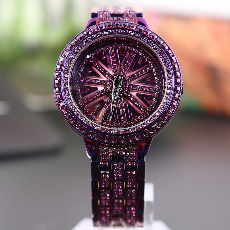 Goedkoop Vrouwen Horloge Rotatie Rhinestone Diamond Roestvrij Staal Horloges Dames Jurk Horloge Top Luxe Merk Paars Klok vrouwelijke Armband