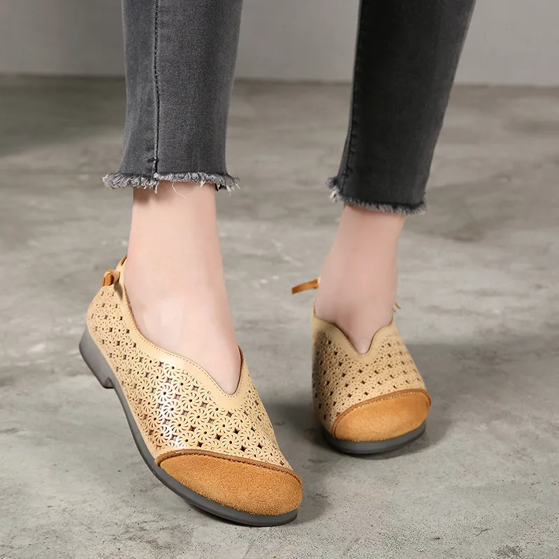

Artdiya leather women shoes handmade 2019 new original Frosted contrast hollow fashion casual Joker shoes national retro flat