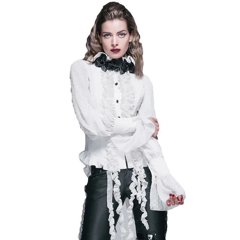 Steampunk ženske šifonske bele bluze 2017 gotske punk vrtnice kravata top majica puff rokavi bombažna bluza Plus velikost ženska oblačila